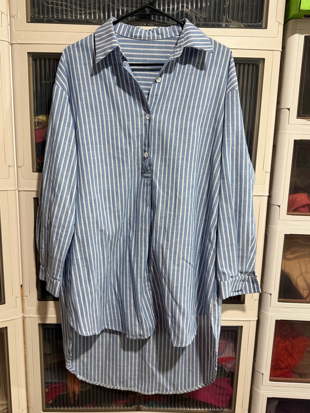 SHEIN Blue and White Striped Casual Button-Down Shirt dress
